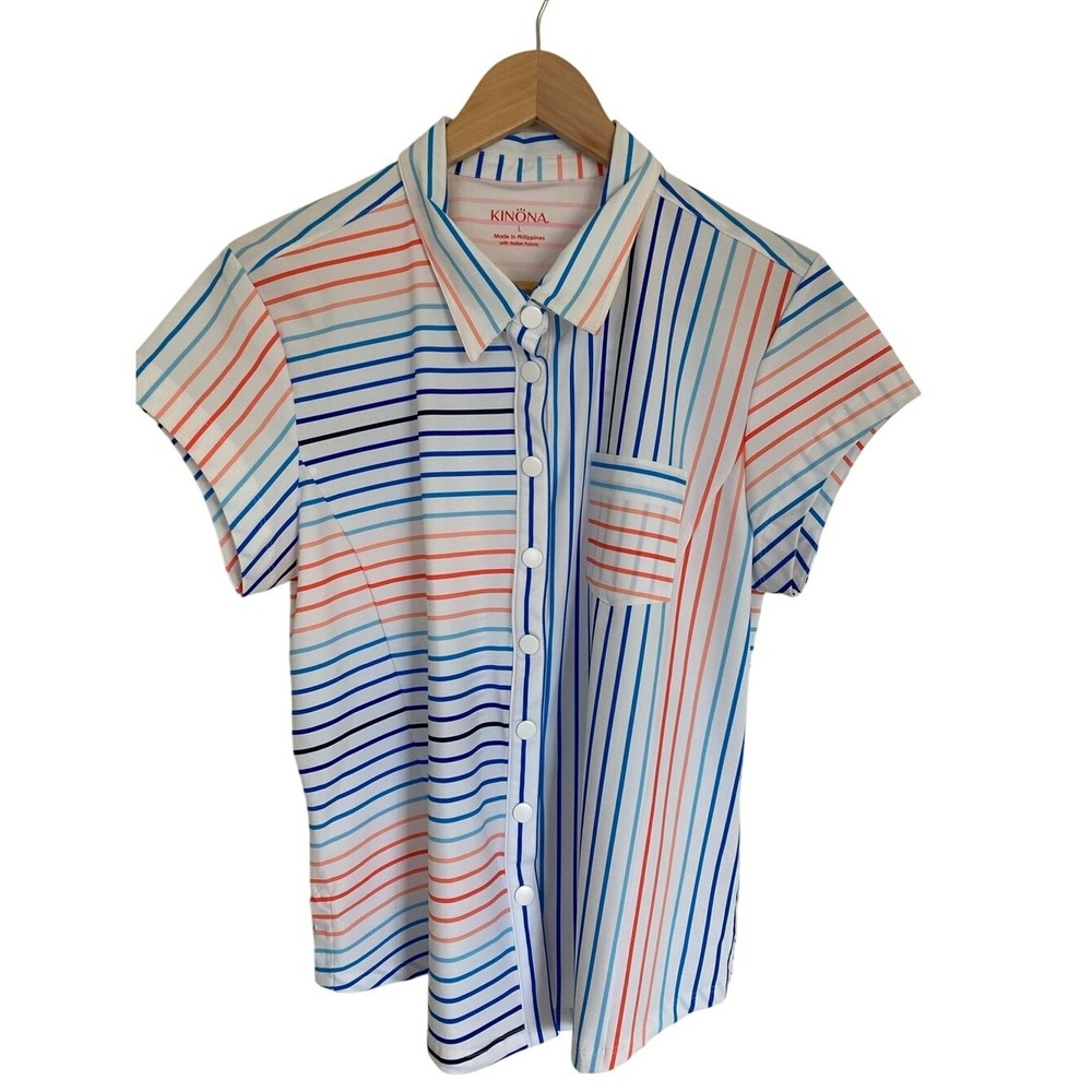 Kinona Multicolor Striped Short-Sleeve Snap Front Top Size L White Blue Golf